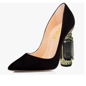 FSJ Black Bridal Pointed Toe Chunky High Heel Crystal Pumps Slip on Wedding Shoe